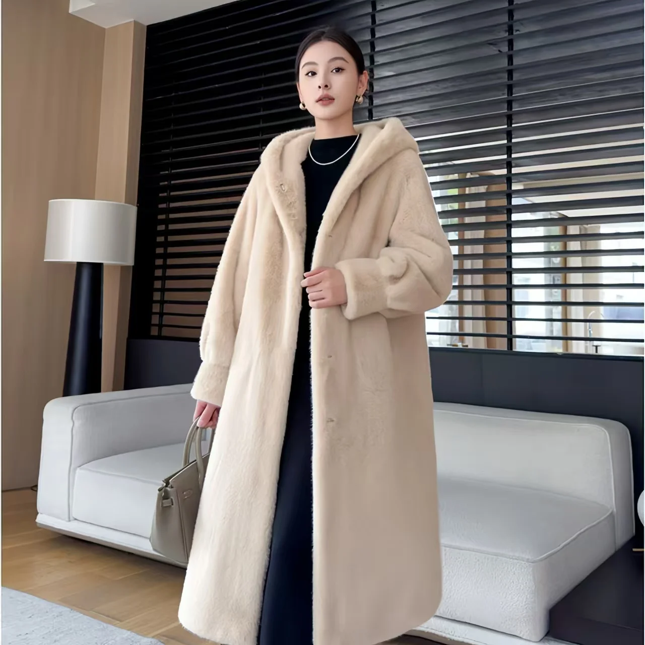 Faux Mink Fur Coat for Women,Covered Button Jackets,Hooded Overcoat,Female Clothes,Thicken Warm,New, Winter,2025