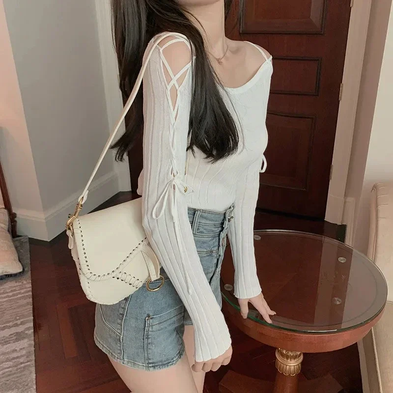 새로운 가을 밴디지 긴팔 니트 셔츠 여성 오프숄더 섹시 탑 슬림 시크 풀오버 솔리드 여성 탑