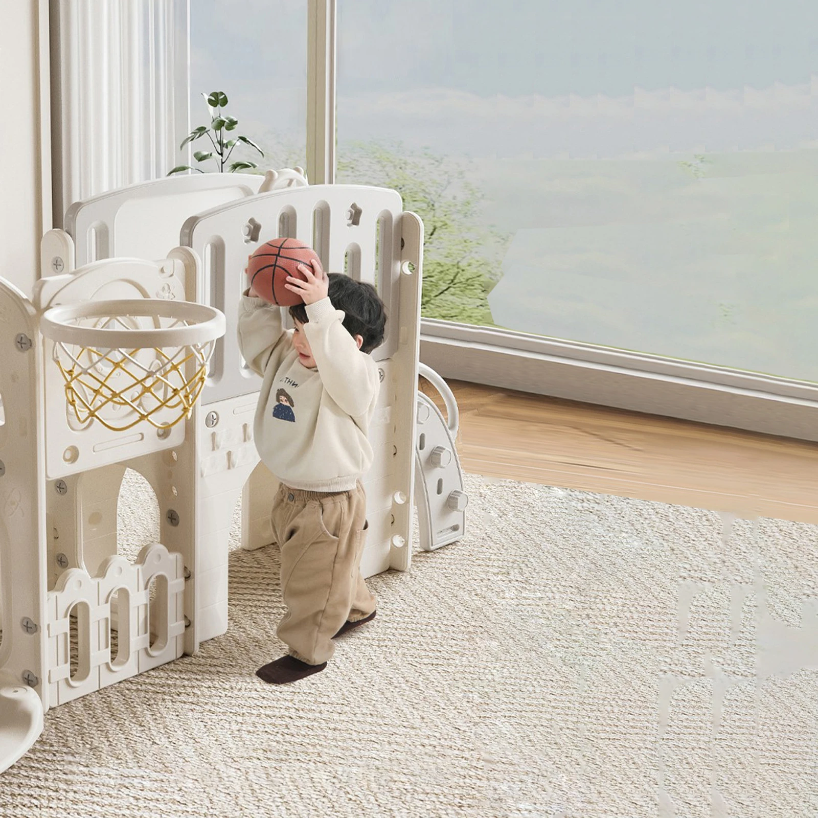 Babyrutsche Kleinkind Rutschfeste Sicherheitsgeländer Innenbereich Wohnzimmer Spielzeug für 1-3 Jahre Alte, Kinderrutsche mit Schaukel und Basketballkorb