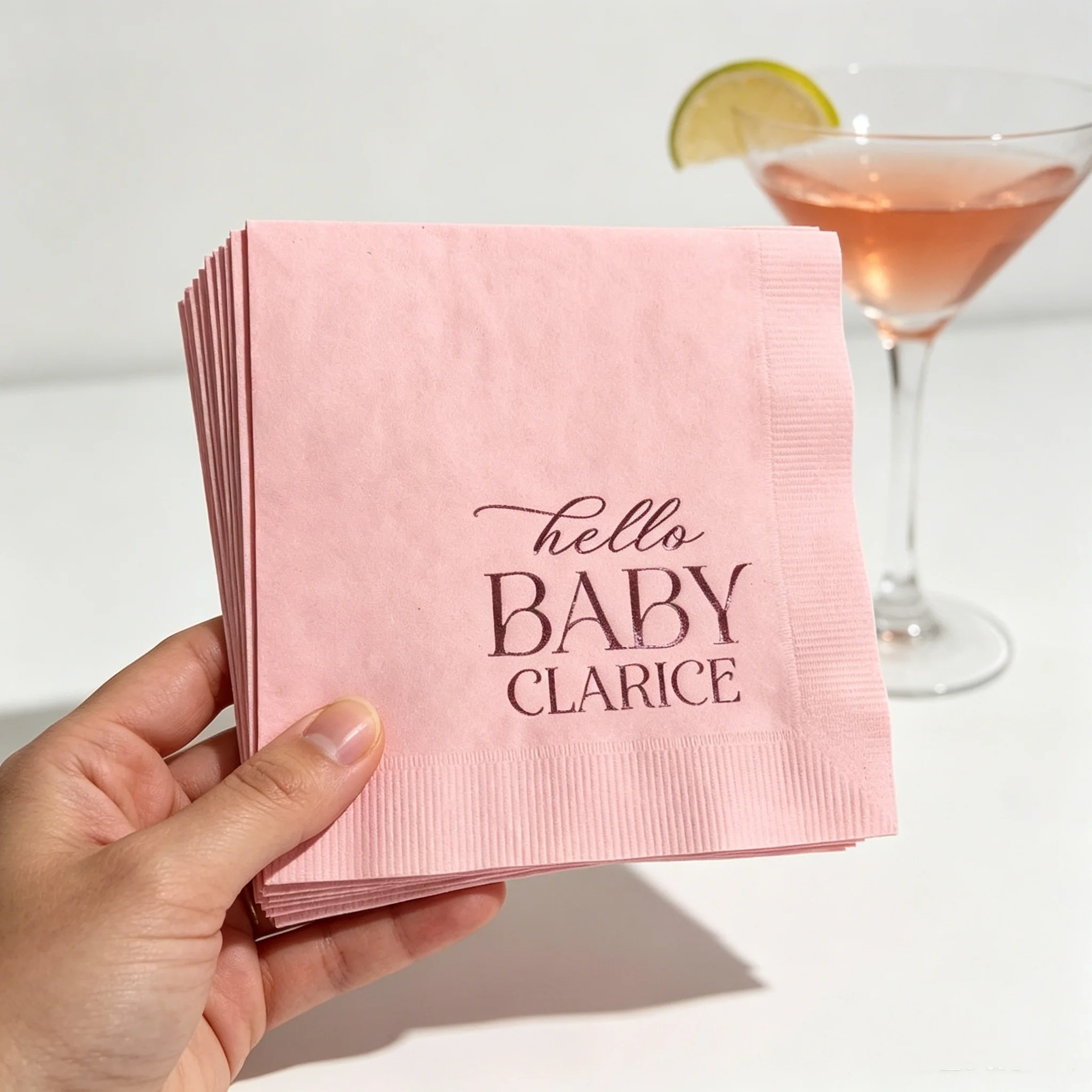 

50pcs Custom "Hello Baby" Girl Baby Shower Cocktail Napkins - Personalized Baby Name Rose Gold Foil Printed Pink Disposable Beve