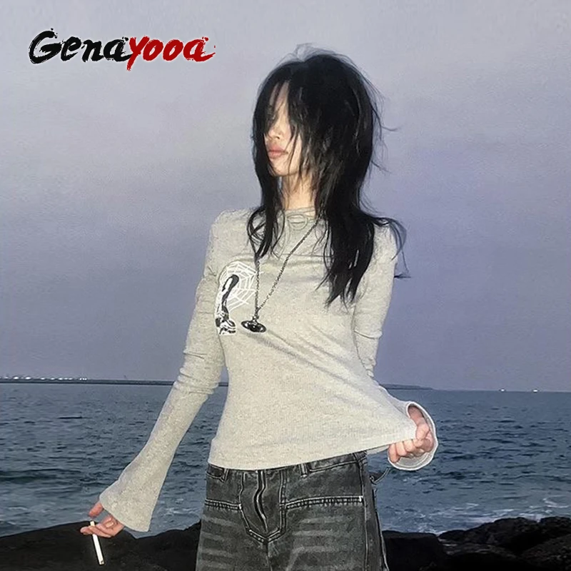 

Genayooa Y2k Vintage T Shirt Women Flare Sleeve Print Graphic Tops Streetwear Lace Up Tee Tops American Retro Tshirts E-girls
