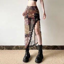 Vintage lace patchwork floral print irregular mesh skirt retro temperament low waist pleated long skirts