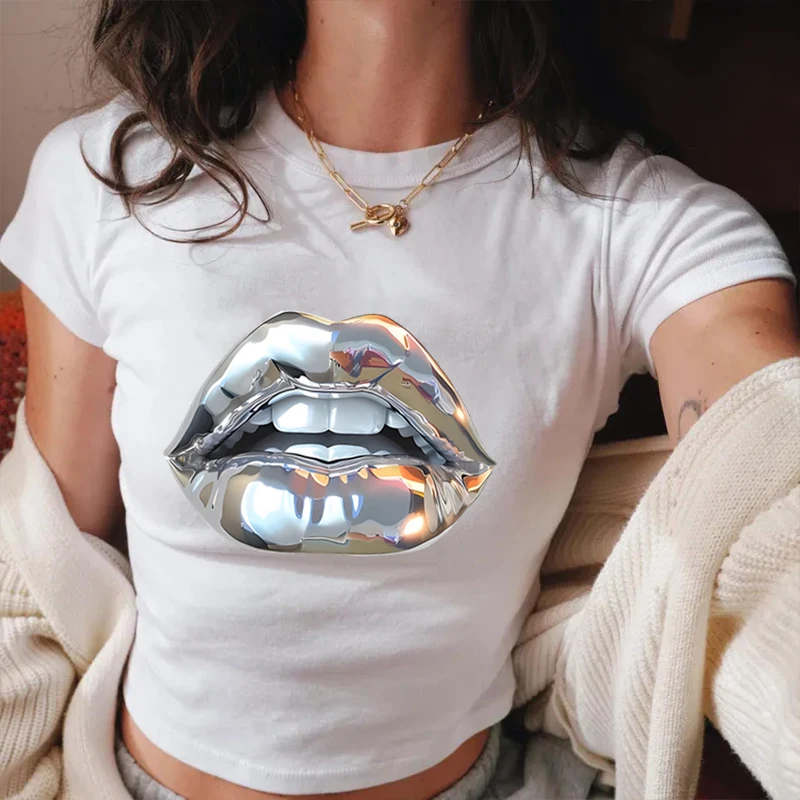 

Sexy Lip Print Crop T Shirt Harajuku Y2k Tees Women Lip Design Short Sleeve Cartoon Print Summer Streetwear