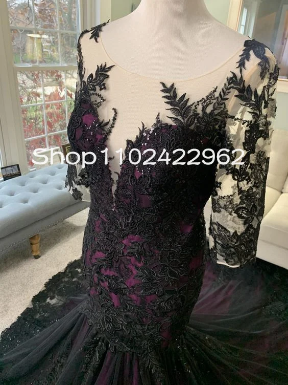 Customized Black and Purple Gothic Wedding Dresses with  Sleeves Lace Applique Buttons Sheer Neck Trumpet Mermaid Bridal Gown