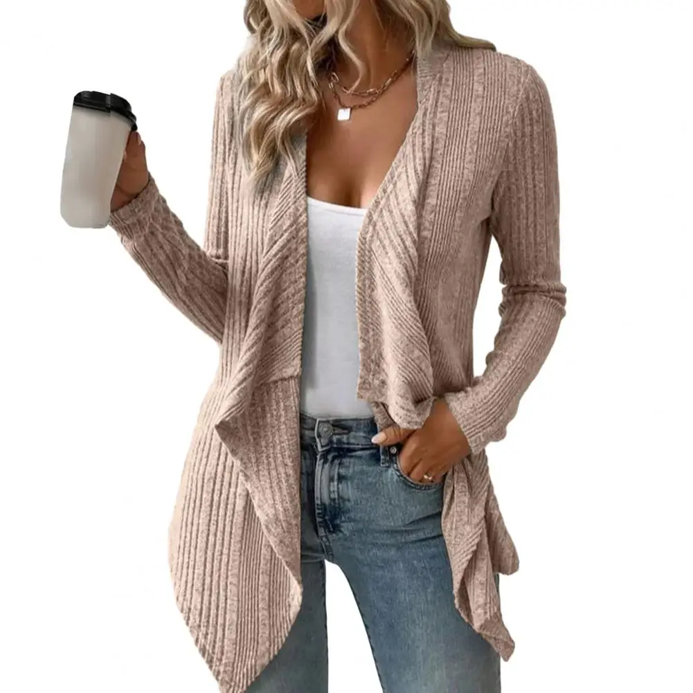 

Cardigan Loose Irregular Open Stitch Knitted Soft Solid Color Long Sleeve Striped Elastic Mid Length Cardigan Sweater Knitwear