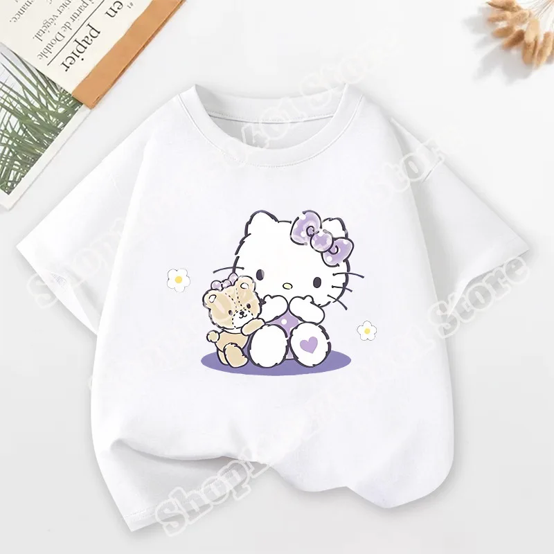 سانريو الطفل تي شيرتات قصيرة الاكمام الكرتون مرحبا كيتي طباعة القطن الأعلى الفتيات Kawaii الصيف عادية جولة الرقبة تيز هدايا عيد الميلاد