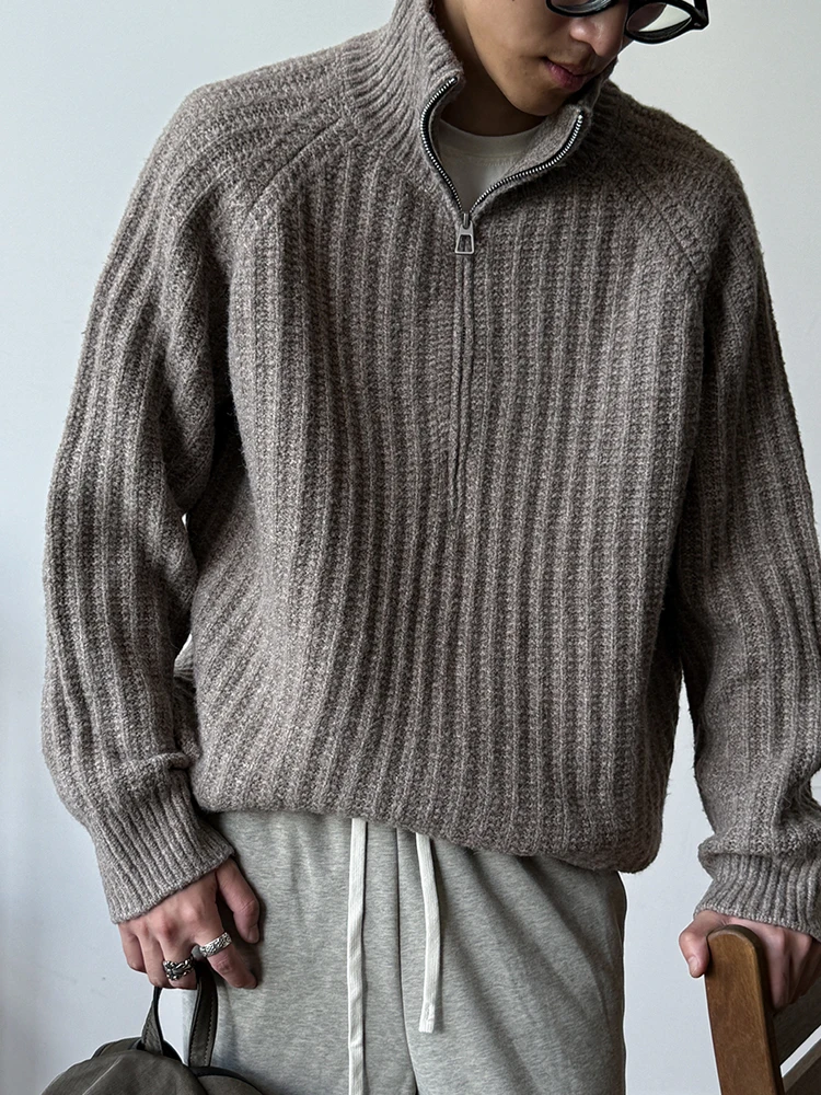 Maglione dolcevita con mezza zip in misto lana autunno inverno da uomo, tinta unita vintage, vestibilità rilassata, maglieria alla moda, pullover da uomo