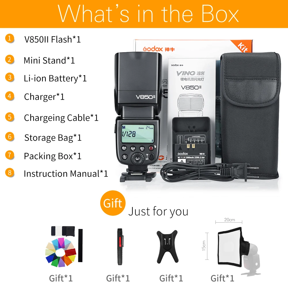 Godox V850II 2.4 جرام GN60 اللاسلكية X نظام بطارية ليثيوم أيون Speedlite لكانون نيكون سوني بنتاكس أوليمبوس + مجاني 15*20 سنتيمتر سوفت بوكس عدة