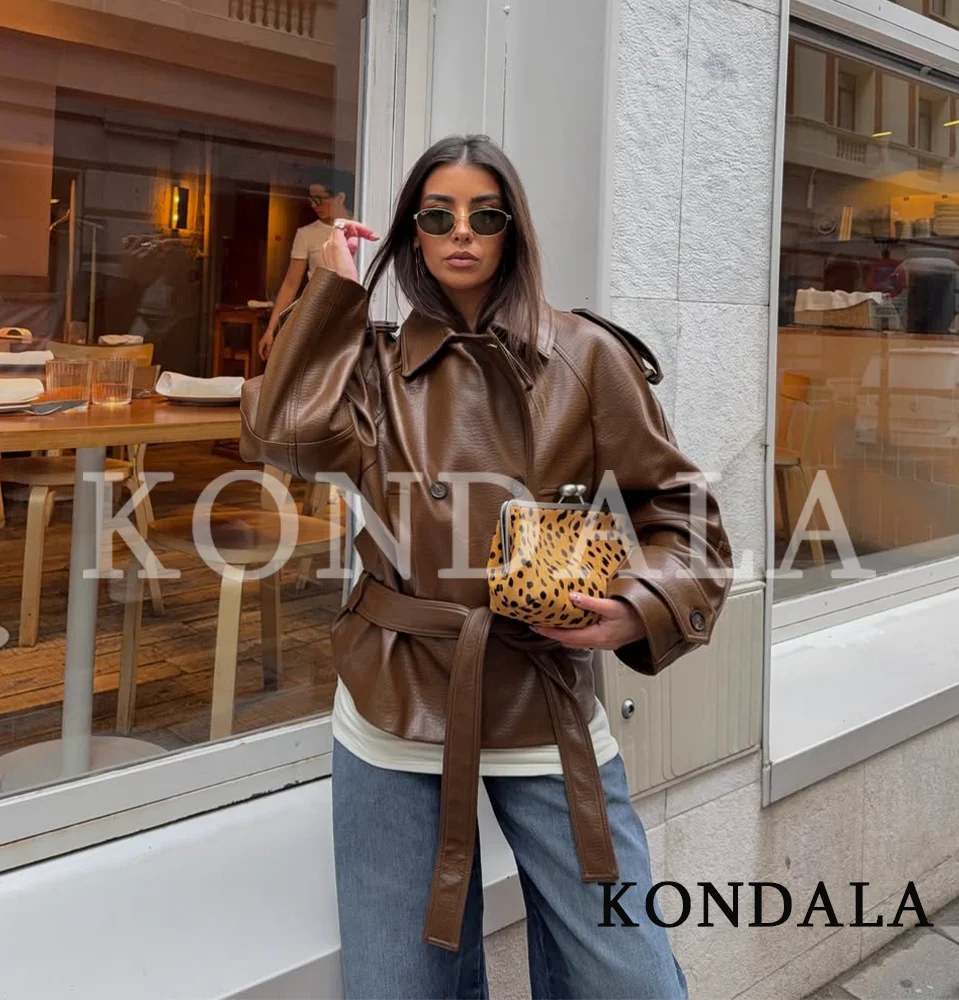

Куртка KONDALA винтажная, уникальная, из искусственной кожи, женская, модная, двубортная, в уличном стиле, 2026, верхняя одежда, женская куртка из ПУ