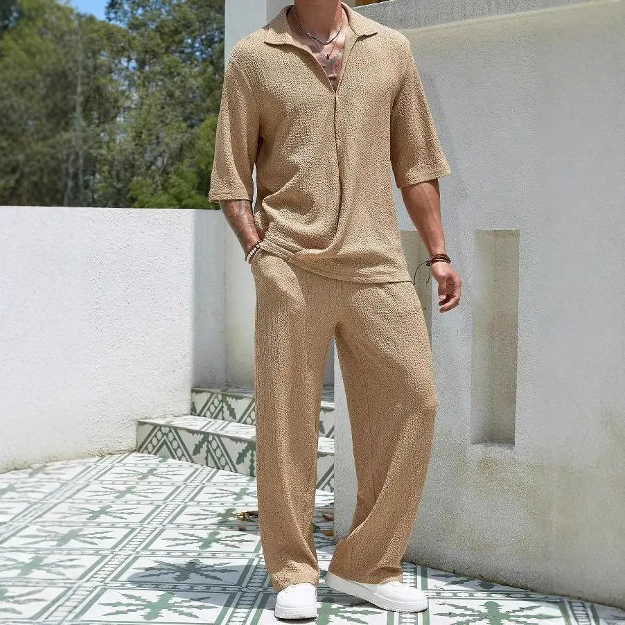

Men's Casual Sportswear Set Long Pants Short Sleeve Shirts Comfortable Autumn Outfit Two Pieces Male Fashion