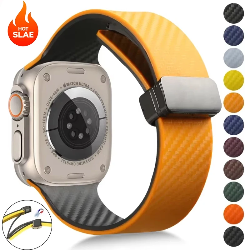 Carbon Fiber Silicone Strap for Apple Watch Band 46mm 45 44mm 49mm 41 42 40mm 38 Magnetic Bracelet Iwatch 12 11 109876 SE Ultra4
