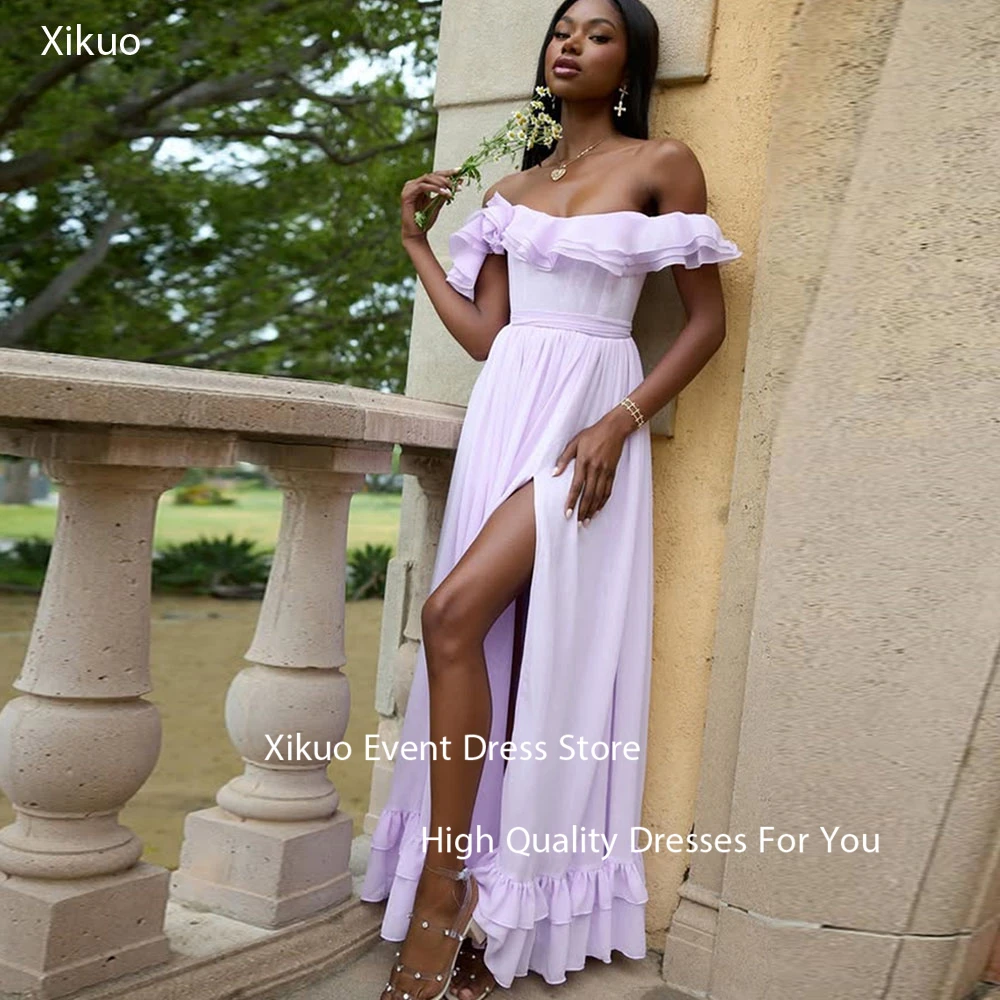 Xikuo Gaun Malam Sifon Kuning Elegan Gaun Prom Pesta Bunga 3D Berlipat Wanita Koktail Jubah Tanpa Tali A Line Disesuaikan