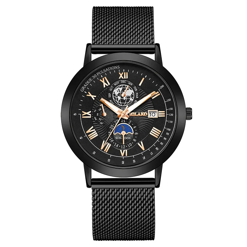 Men’s Quartz Watch Steel Mesh Strap Moon Phase Calendar Dial Casual Fashion Male Business Wristwatch Simple Stylish Boy Gifts
