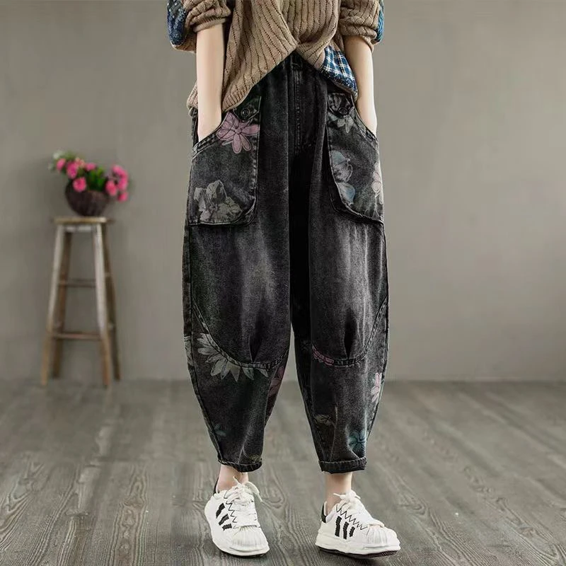 

New Arrival 2024 Spring Women Elastic Waist Casual Cotton Denim Ankle-length Pants Big Pocket Vintage Print Loose Jeans