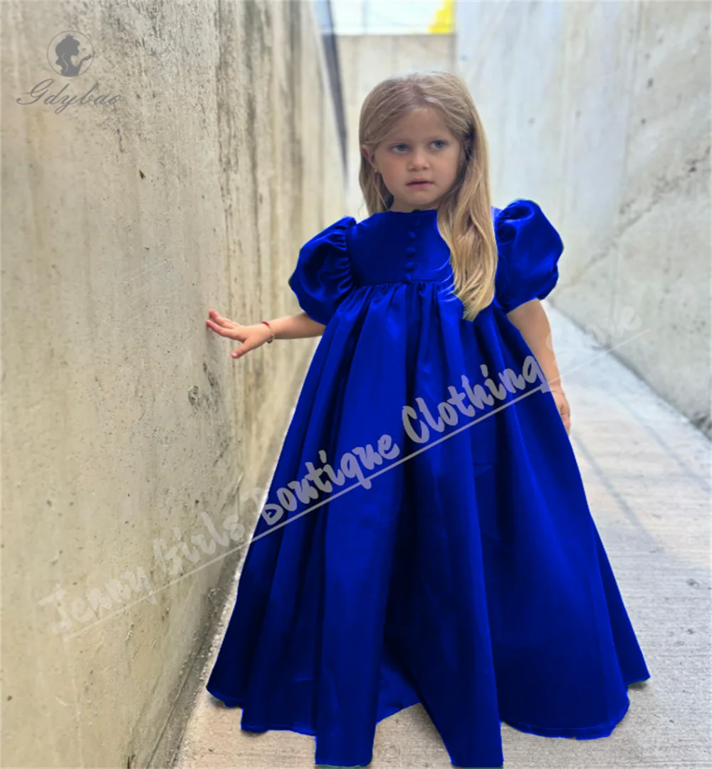 فستان فتاة الزهور من الساتان الأنيق منتفخ باللون الأحمر لحفلات الزفاف بأكمام قصيرة منتفخة بطول الأرض فستان عيد ميلاد للأطفال الصغار #2