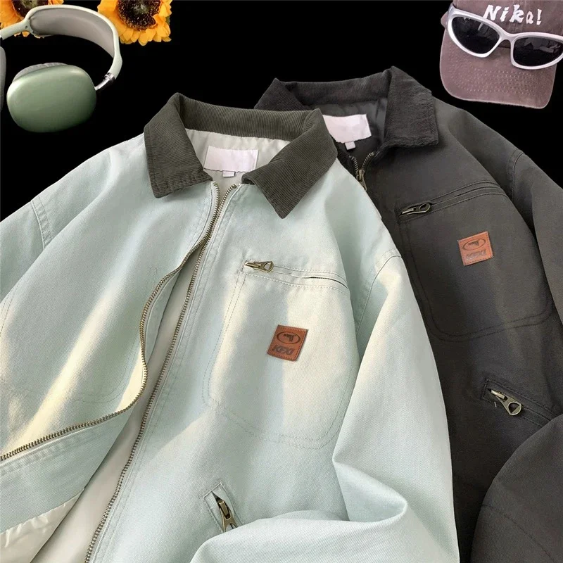 

2025 2025 Retro Contrast Color Lapel Denim Jacket Hip Hop Streetwear 2025 Spring Mint Jacket Loose-Fit Outerwear