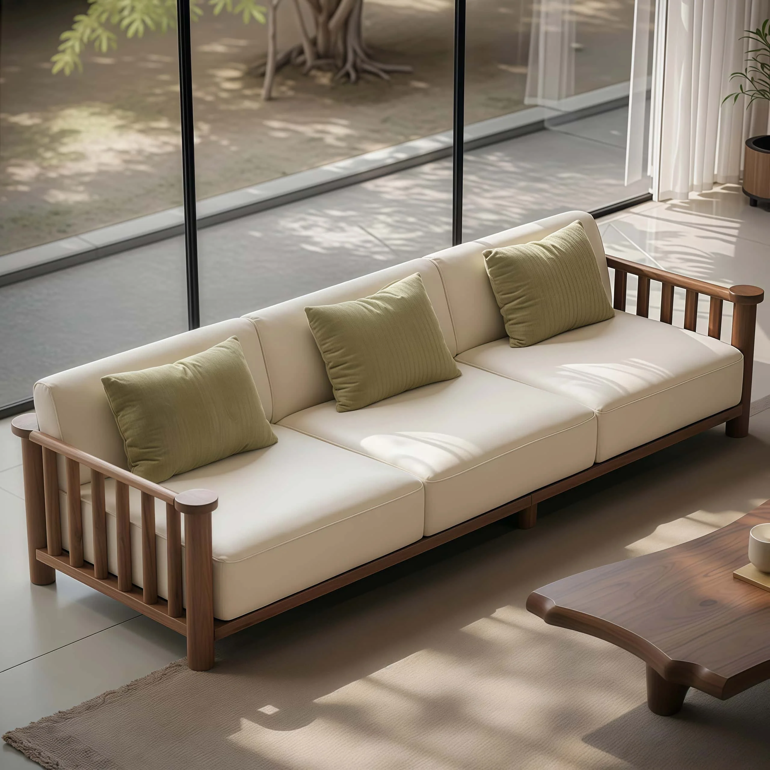 For Solid Walnut Mid-Century Modern Sofa, 3-Seat Straight Couch for Compact Living Room, Minimalist Wood Furniture