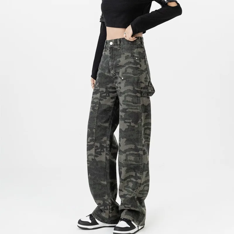 

Vintage Camouflage Cargo Pants for Women Y2k Hiphop 2023 Autumn Loose Fitting High Waist Straight Leg Cotton Jeans Streetwear