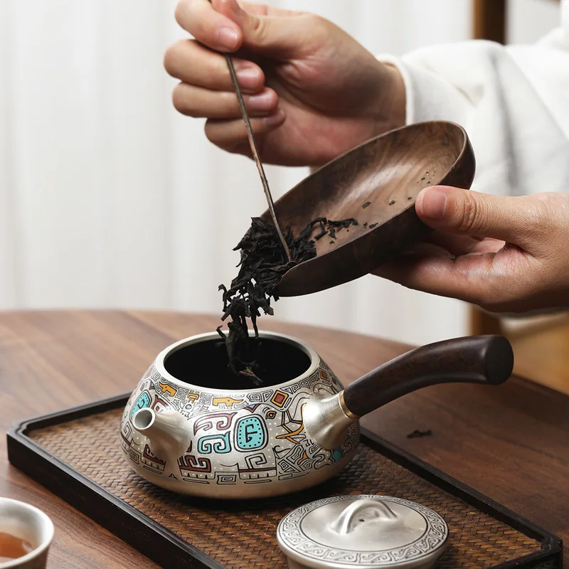 999 Pure Silver Liner Enamel Gongfu Tea Set, 1 Pot 4 Cups, Taotie Pattern Side-handle Teapot, Luxury Collectible Chinese Tea Set view 3