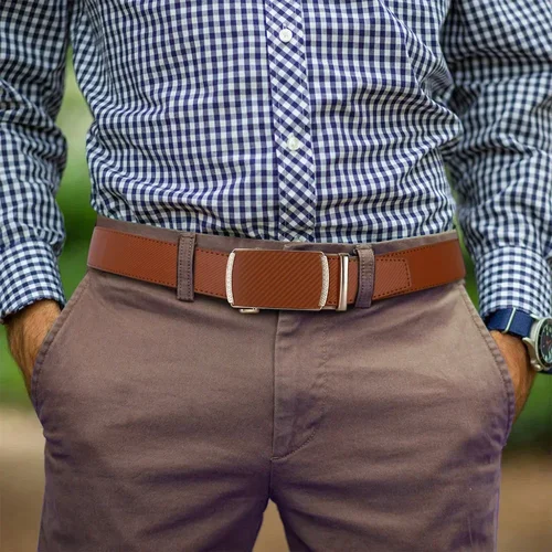 Imagen 2 del producto Cinturón de cuero para hombre, hebilla automática de Metal, cinturón de cuero genuino de lujo para hombre, correa de cuero de lujo para hombre, correa de cintura negra