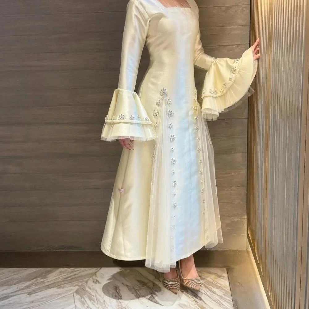 

Customized Square Neck Evening Dress Satin Beading Gorgeous Flare Sleeve Prom Dresses Formal Occasion Party Gown Robe Soiree