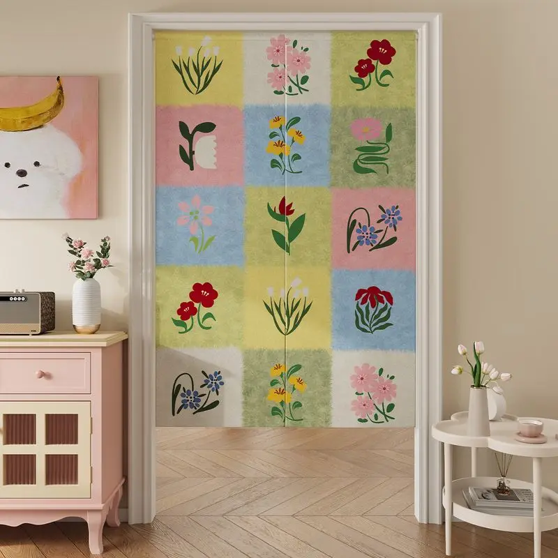 VIKAMA Japanese Color Block Floral Noren Doorway Curtain Room Divider Privacy Tapestry for Bedroom Entryway Cute Home Decor