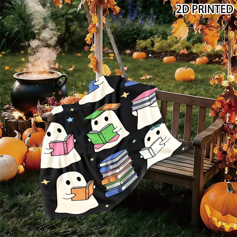 Halloween Ghost And Book Print Throw Blanket with Colorful Star Accents, Soft Fall Decor Blanket with Multiple Specifications Av