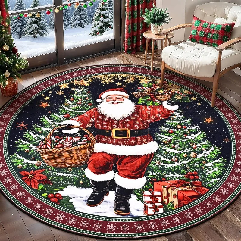 Vintage Santa Claus Round Carpet for Living Room Holiday Decor Floor Mat with Snowflakes Christmas Tree Non-Slip Rug for Bedroom