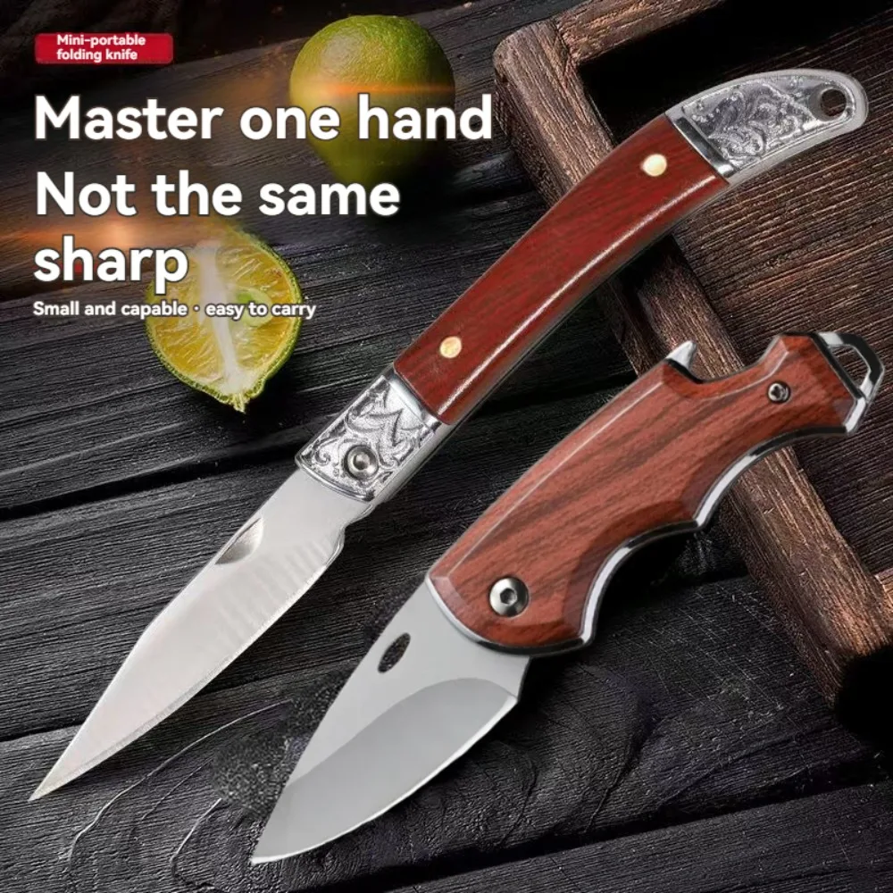 Stainless steel plastic wood carved pattern folding knife outdoor camping tactical hunting knife sharp and durable pocket knife