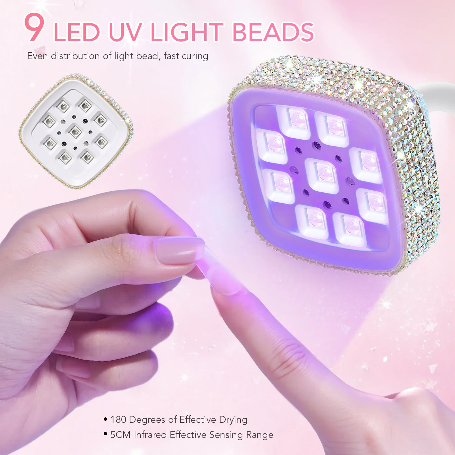 DianaBeauty Rechargeable Nail Lamp LED UV Nail Dryer with Silver Rhinestone and Auto Sensor Portable Manicure Lamp Nail Tools