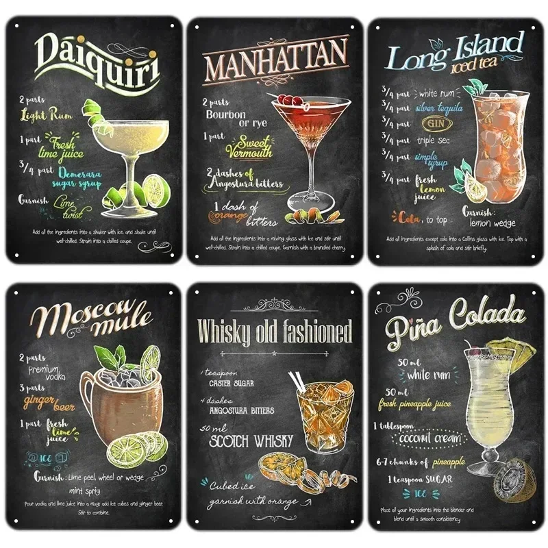 Vintage Bloody Mary Posters Metal Tin Signs Decor Retro Whiskey Sour Cocktail Metal Plaque Tiki Bar Pub Menu Kitchen