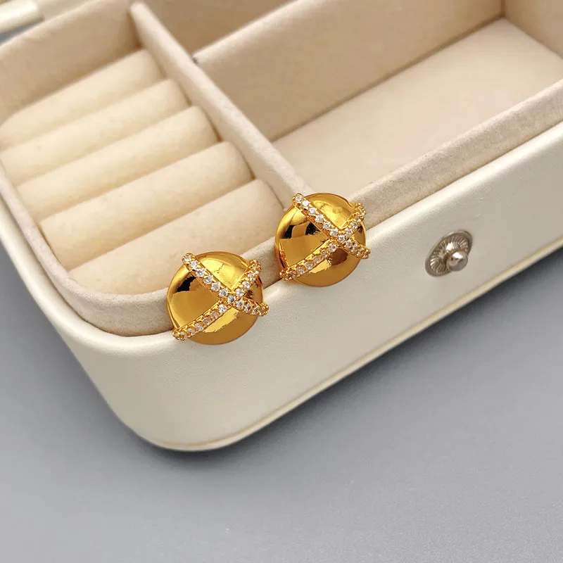 Korean 2023 New Fashion Retro Simplicity Hemispheres Inlaid Zircon Stud Earrings For Women Small Plating 18k Gold Jewelry