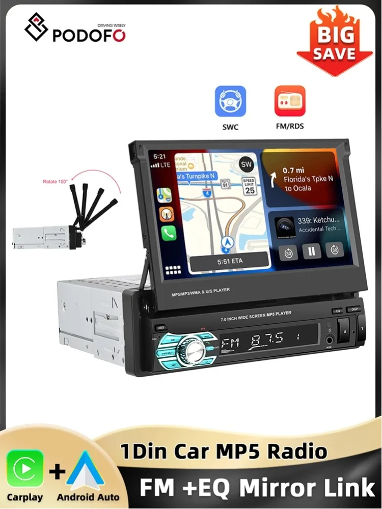 Podofo 7'' Radio Samochodowe z Ręcznie Wysuwanym Ekranem 1Din MP5 Player Carplay Android Auto Bluetooth Mirror Link USB D-play Car Stereo — 2