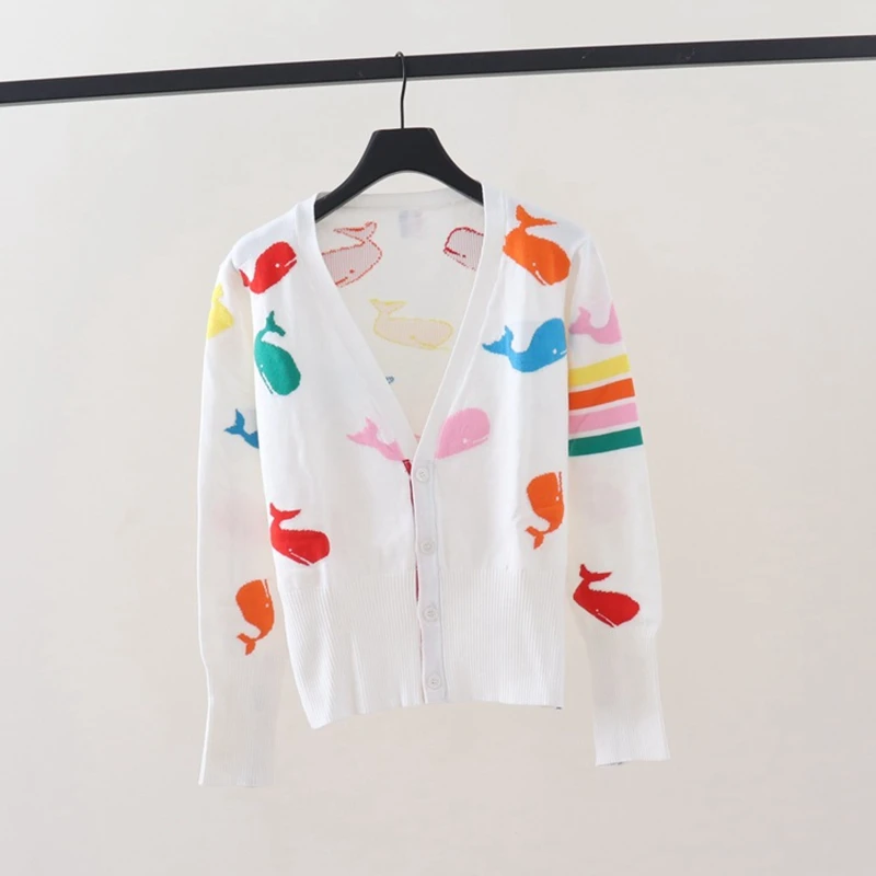 Autumn/Winter New College Style V-Neck tb Colorful Little Whale Jacquard Long Sleeve Knitted Cardigan Coat Women's Top