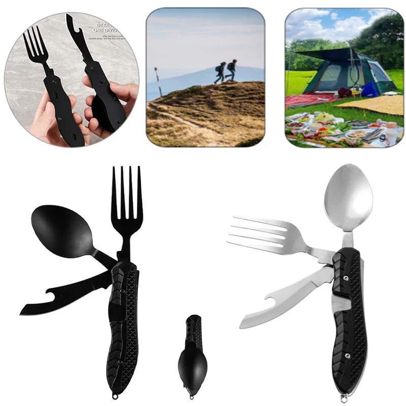 Outdoor Folding Spoon Fork Knife Combo Set Cutlery Picnic Travel Portable Multitool Stainless Steel Camping Utensils Hand Tools