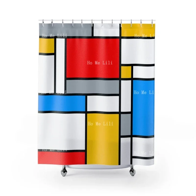 Piet Mondrian-cortinas de ducha artísticas de composición, rojo, azul, blanco, con Color gris, diseño único, decoración de baño
