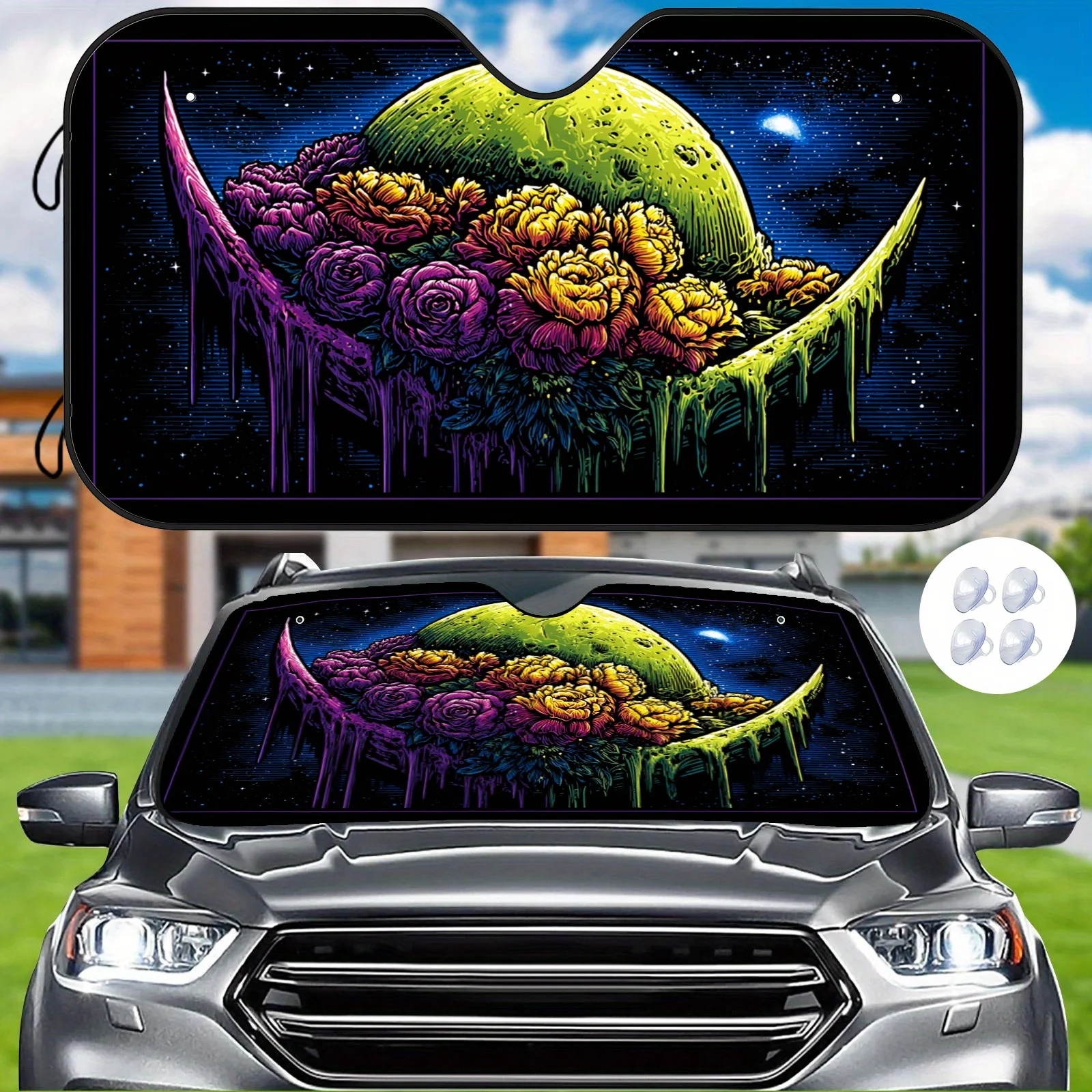 The Moonflower Cluster Sunshade For The Car Windshield Features A Dreamy Starry Sky Plant Art, Comes With Convenient Installatio
