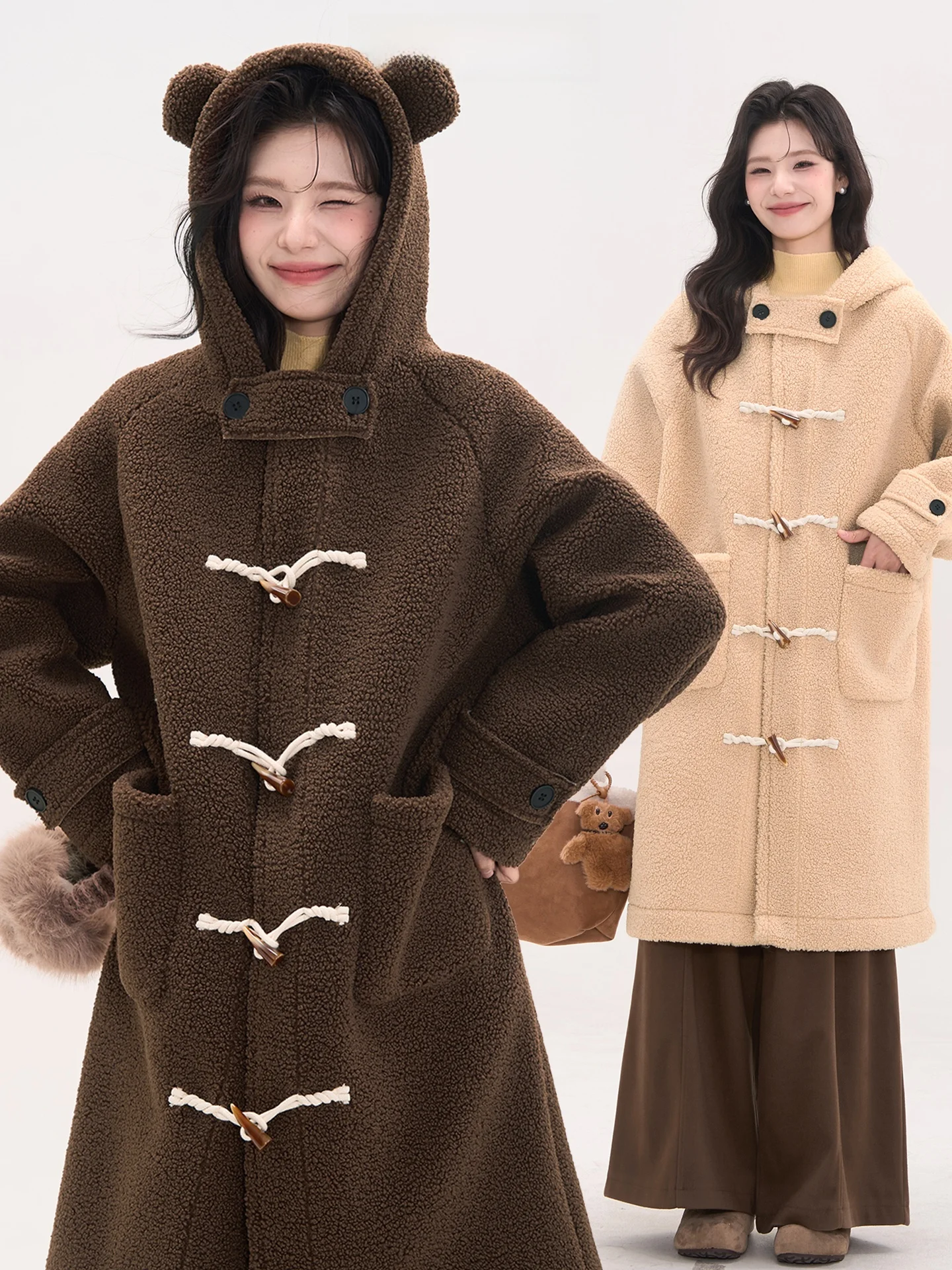 

Good Night Bear Korean Sle Cute Hooded Winter Loose Long Lazy Sle Buttoned Coat for Women Thiened Long Sve Coat