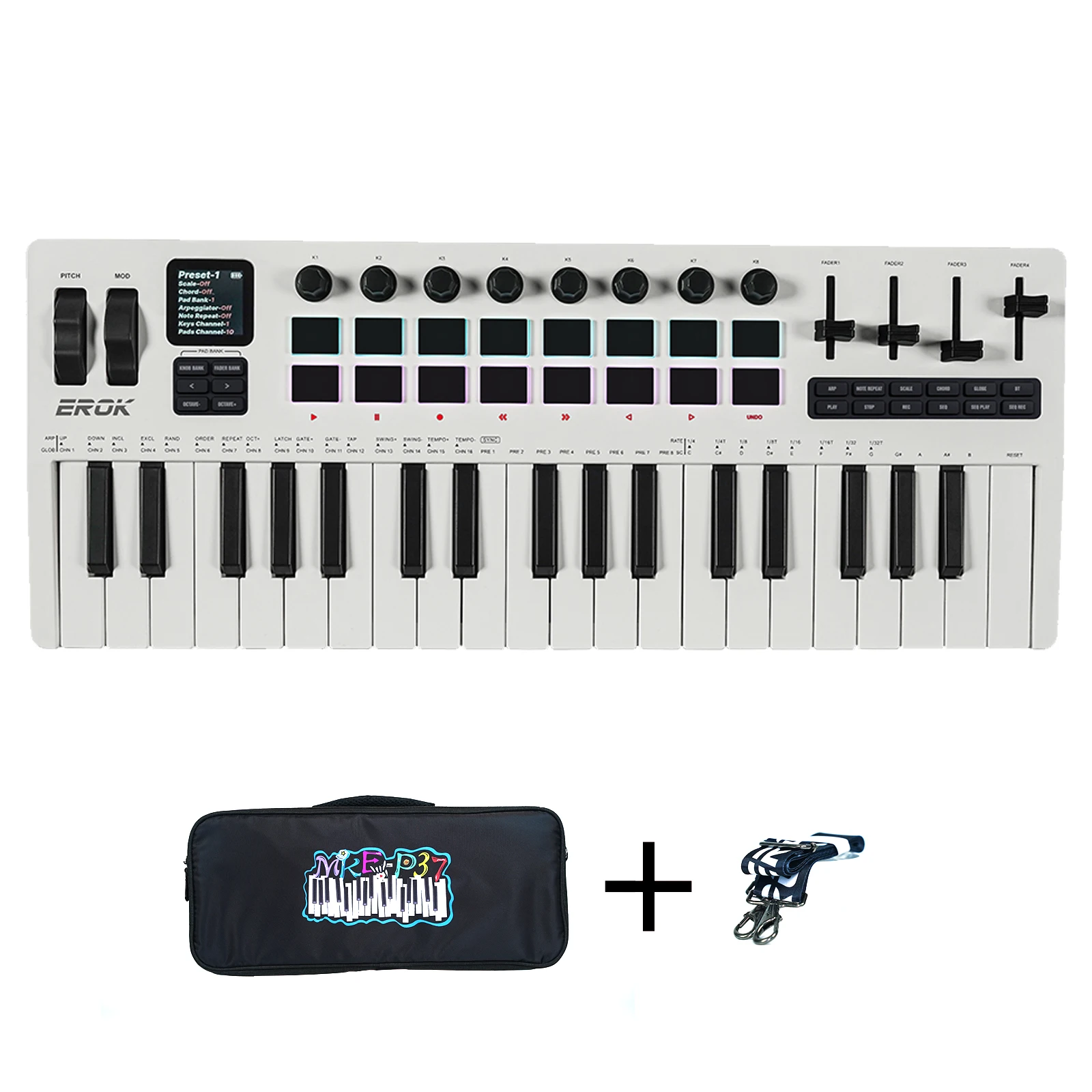 Teclado EROK MKE-P37 37 teclas 3,5mm MIDI 16 RGB batería con fuente de sonido compatible con conexión inalámbrica a múltiples sistemas ﻿