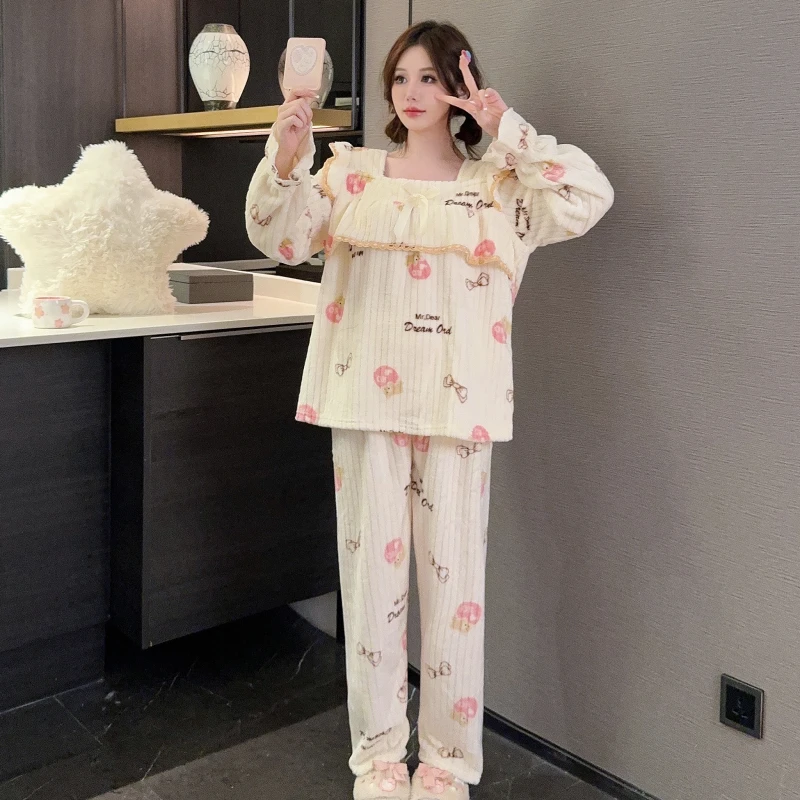 

Coralline Fce Flannel Spwear Women's Autumn Winter Sweet Cute Princ Sle Square Collar Lace Home Clothes Warmth Set