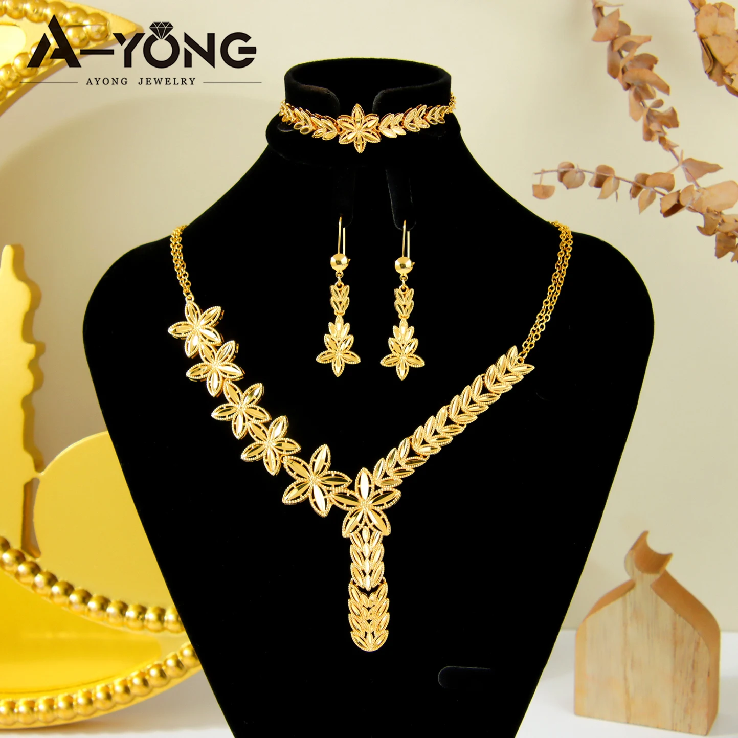 Dubai Gold Jewelry Set 24k Gold Plated Arabic Elegant Geometric Necklace Bracelet Earrings Nigeria Women Wedding Jewelrys