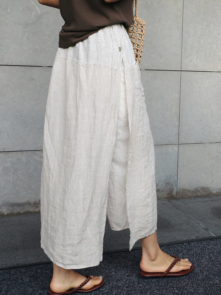 Pure Linen Straight Leg Pants Women's Midi Skirt Pants Original Split Zen Style Nine Point Pants Casual mid Waist A-Line Skirt