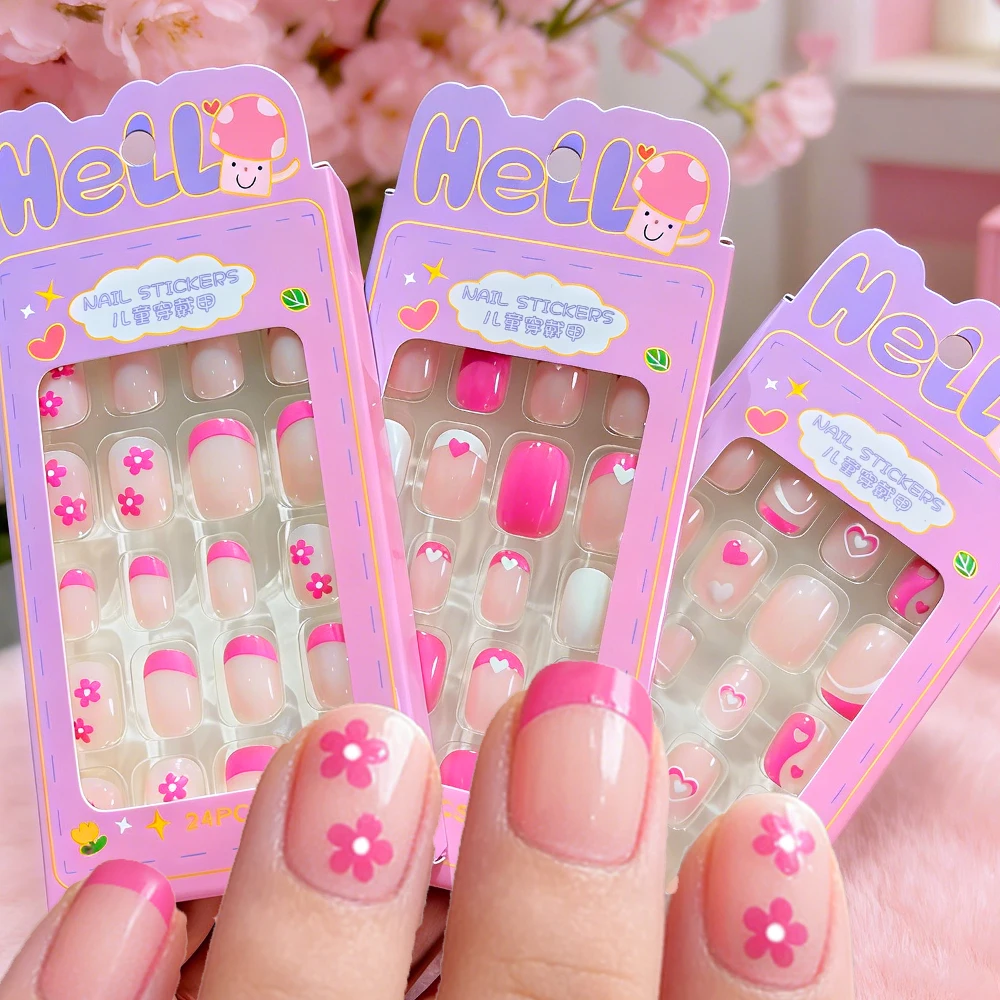 

24Pcs/set Pink Small Flower Kids Press On False Nails Children's French Love Heart Short Fake Nails Nude Color Wearable Nail
