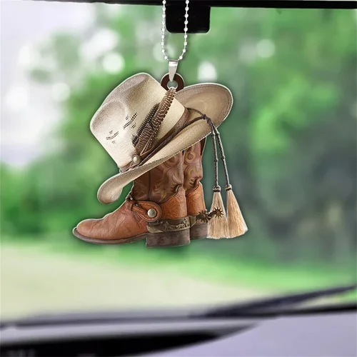 Imagen 2 del producto Colgante para espejo retrovisor, cabestrillo acrílico, bota de vaquero, sombrero, accesorios para coche, adorno, regalo, decoración artesanal