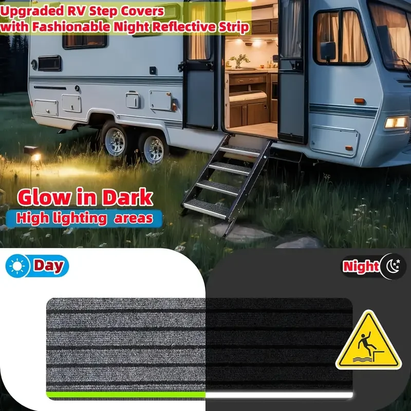 2PCS Step Cover Non-Slip Waterproof Camper Stair Cover Reflective Camping Rug Set For Trailer Motorhome Caravan Outside Step