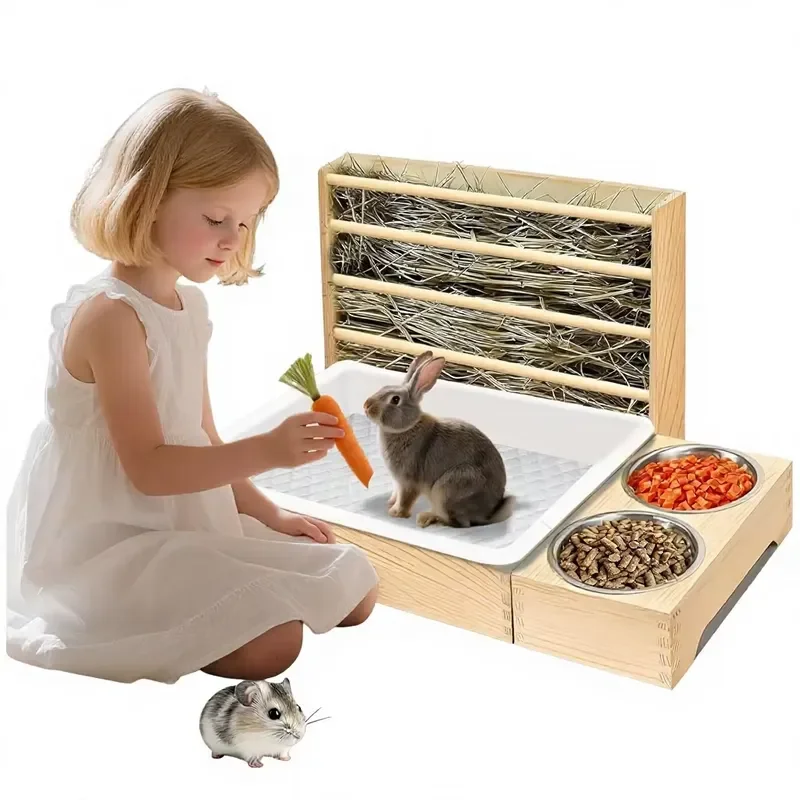 Wooden Rabbit Display Cage Hay Feeder Breeding Box Nest Set Household Quail Hamster House