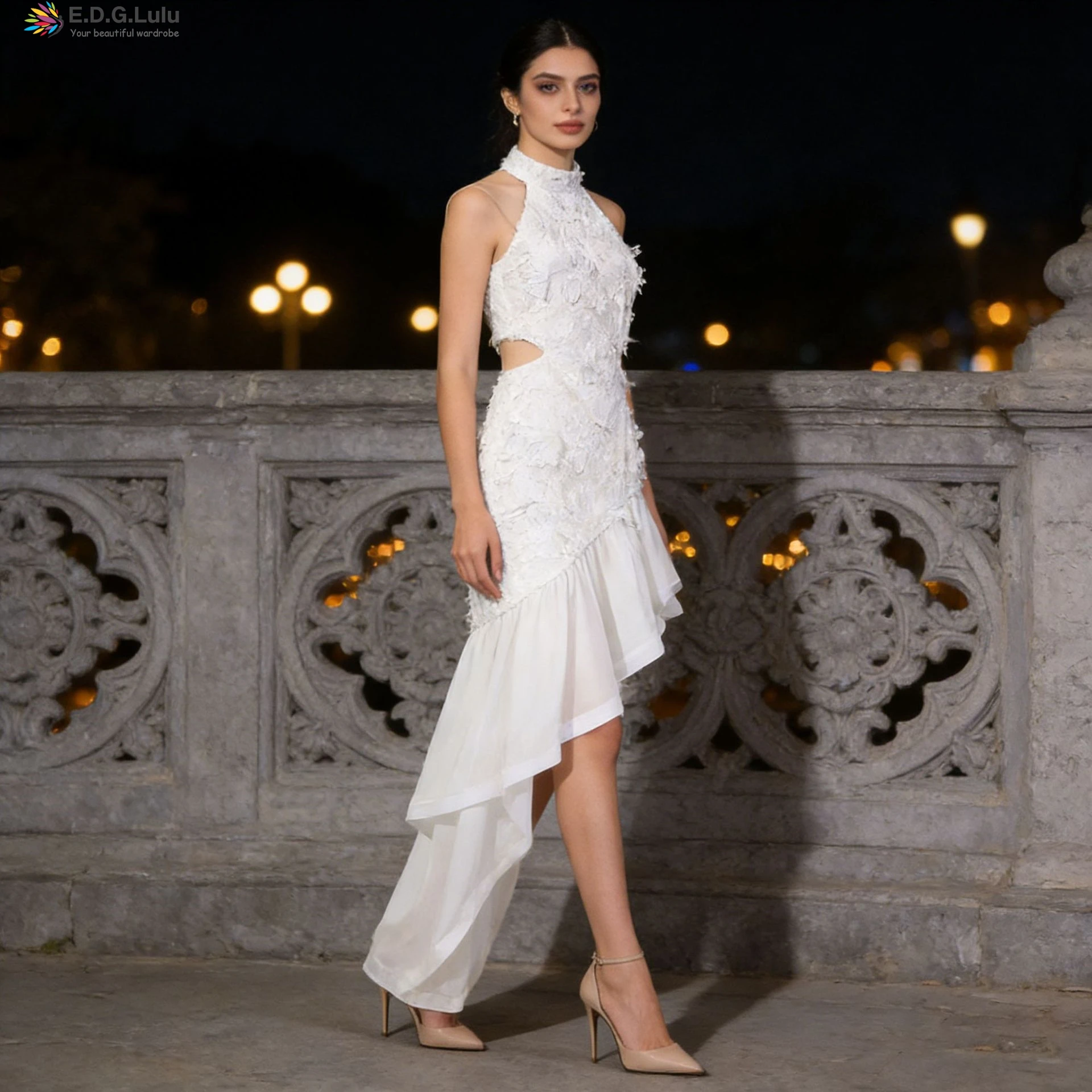 EDGLuLu  2026 Spring New  Lace Embroidered Floral White Dress Design Lace Splicing Mesh Asymmetric Lotus Leaf Edge Dresses 0204