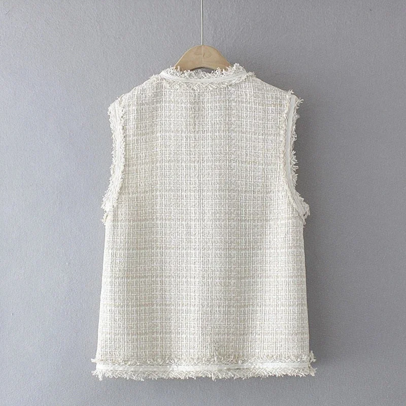 Pop Pop 2025 Autumn New All-Matching Slim Fit Solid Color Vest Tweed Waistcoat Jacket Vest Women V Neck Pearl Button Spring Card
