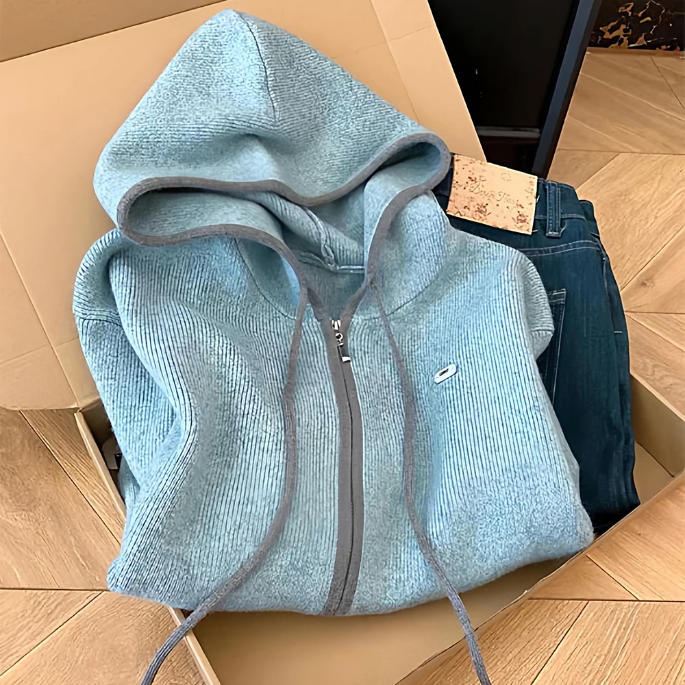 

Korean Style Gray Blue Hooded Knitted Sweatshirt Women 2025 New Autumn Winter Loose Lazy Soft Cozy Sweater Cardigans Coats
