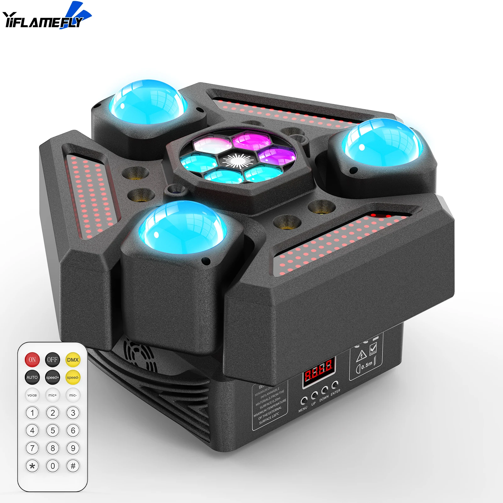 

Yiflamefly 220W 3-Arm RGBW Moving Head Light with RGB Auxiliary Effect 1-20Hz Strobe DMX512 24/32CH for DJ Party Disco Wedding
